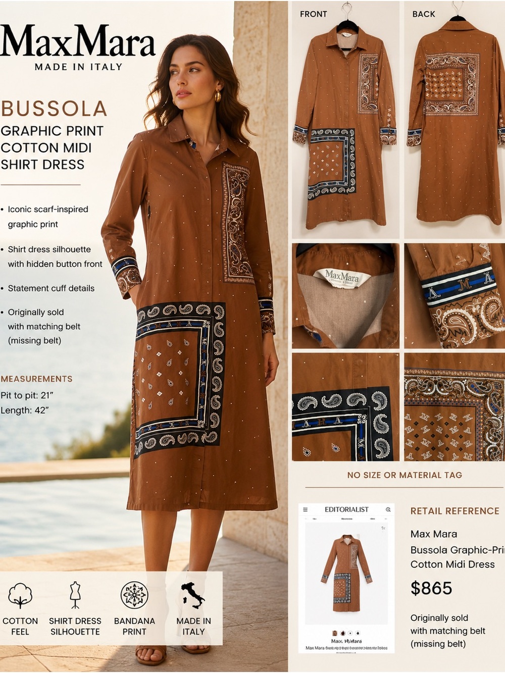Max Mara Bussola Graphic Print Cotton Midi Shirt Dress
